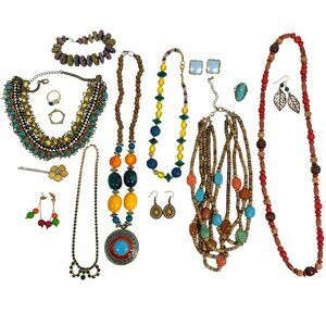 Multicolor Tribal Boho Jewelry Lot 15 Mixed Necklaces Earrings Bracelets Rings